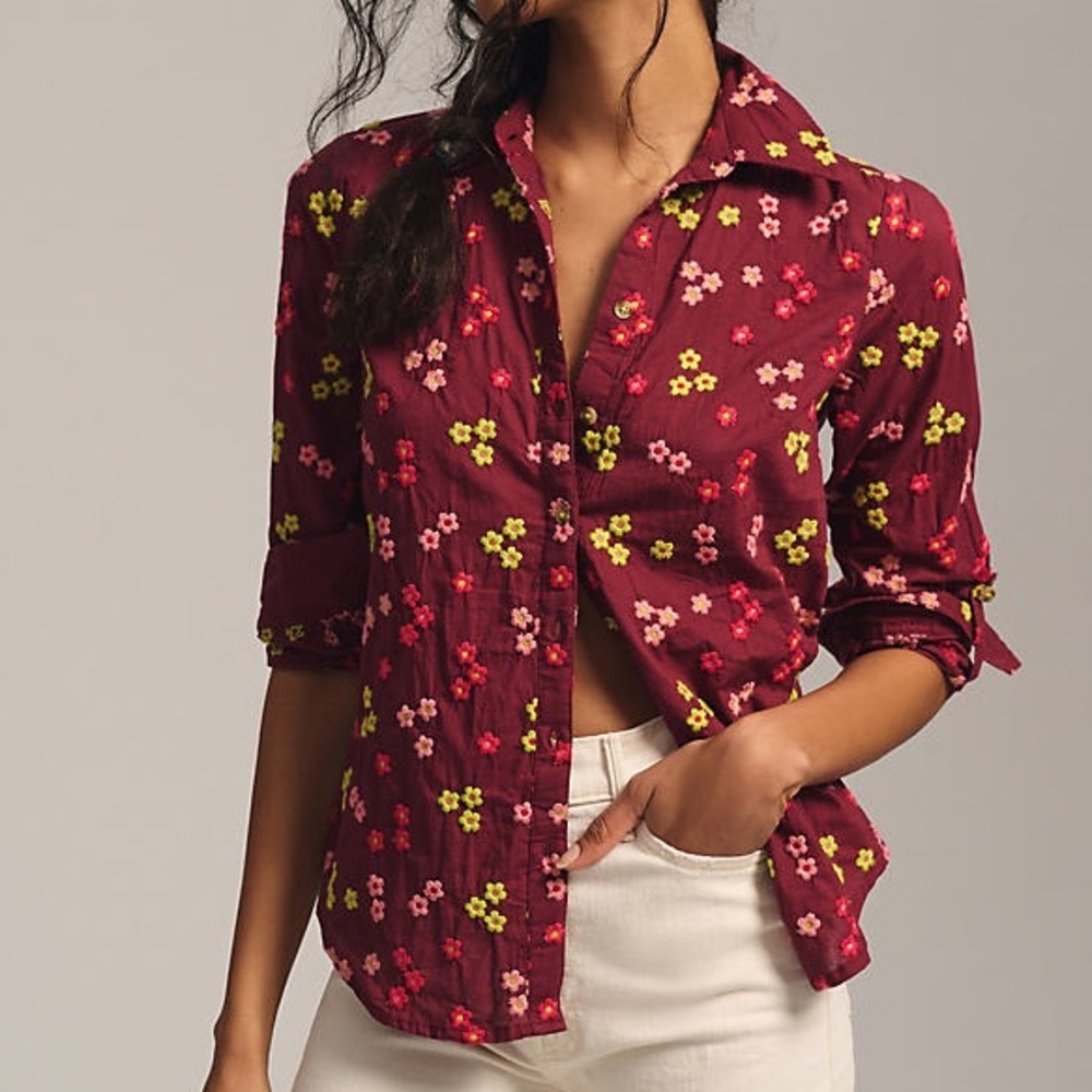 Anthropologie Maeve Embroidered Buttondown Blouse size large - Picture 1 of 7